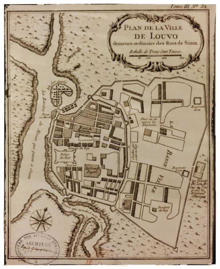 แผนที่เก่า แสดงถึงแผนผังในอาณาเขตพระราชวังสมเด็จพระนารายณ์ เมืองละโว้